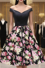 Black Satin Print Off the Shoulder Homecoming Dresses