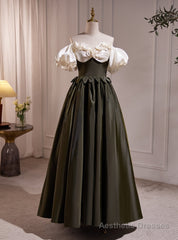 Black Satin Puff Sleeve Flower Prom Dress