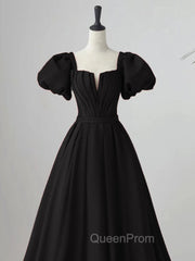 Black Satin Puffy Sleeves Long Evening Party Dresses, Black Long Evening Prom Dresses