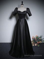 Black Satin Short Sleeve Beading Prom Dress