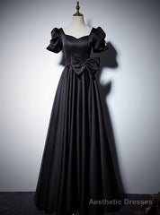 Black Satin Short Sleeve Bow Prom Dress