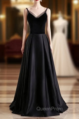 Black Satin Spaghetti Straps Evening Prom Dresses