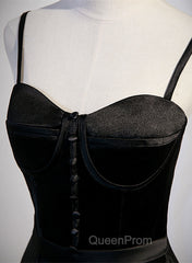 Black Satin Straps Long Party Dresses, Black Sweetheart Long Evening Dresses Evening Prom Dresses