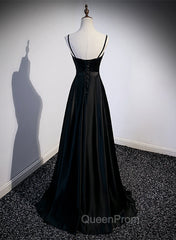 Black Satin Straps Long Party Dresses, Black Sweetheart Long Evening Dresses Evening Prom Dresses