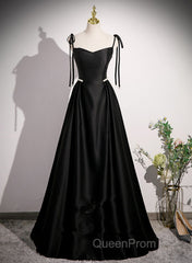 Black Satin Sweetheart Long Evening Prom Dresses With Bow, Black Long Evening Dresses