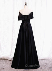 Black Satin Sweetheart Off Shoulder Party Dresses, Black A-Line Long Formal Dresses