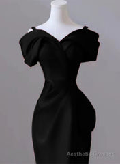 Black Satin Sweetheart Straps Long Formal Dress, Black Long Prom Dress