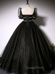 Black Scoop Neckline Long Evening Prom Dresses, Shiny Tulle Black Evening Dresses