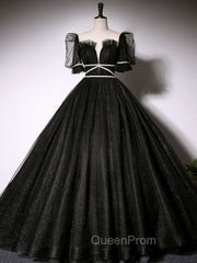 Black Scoop Neckline Long Evening Prom Dresses, Shiny Tulle Black Evening Dresses