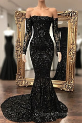 Black Sequin Long Sleeve Mermaid Evening Prom Dresses