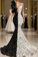 Black Sequin Trumpet Mermaid Long Sleeve Evening Prom Dresses