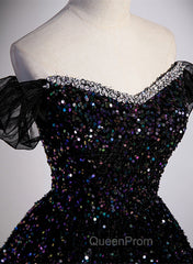 Black Sequins Off Shoulder Beaded Party Dresses, A-line Black Evening Dresses