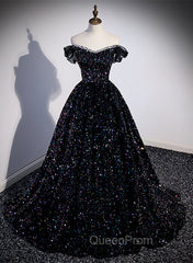 Black Sequins Off Shoulder Beaded Party Dresses, A-line Black Evening Dresses