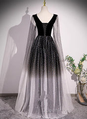 Black Shiny Tulle Gradient Tulle V-Neckline Party Dresses, Black Tulle Evening Prom Dresses