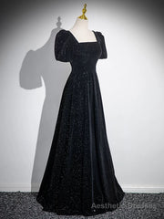 Black Short Sleeves A-line Simple Prom Dress, Black Party Dress Bridesmaid Dress