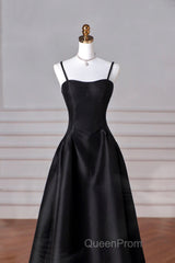 Black Spaghetti Strap Satin Long Evening Prom Dresses, A-Line Backless Evening Party Dresses