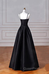 Black Spaghetti Strap Satin Long Evening Prom Dresses, A-Line Backless Evening Party Dresses
