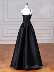 Black Spaghetti Strap Satin Long Evening Prom Dresses, Black A-Line Evening Dresses
