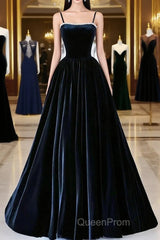 Black Spaghetti Strap Velvet Long Evening Prom Dresses With Pearls, A-Line Evening Dresses Party Dresses