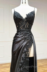 Black Spaghetti Straps Lace Appliques Evening Prom Dresses with Slit