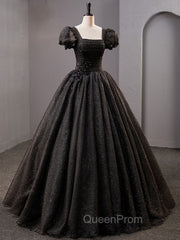 Black Square Neckline Tulle Long Evening Prom Dresses, Shiny Tulle Black Evening Dresses