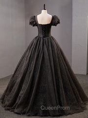 Black Square Neckline Tulle Long Evening Prom Dresses, Shiny Tulle Black Evening Dresses