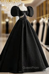 Black Square Puff Sleeve Backless Evening Prom Dresses