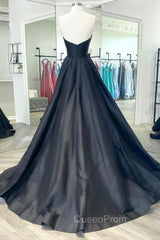 Black Strapless Satin Long Evening Prom Dresses, Black A-Line Evening Dresses