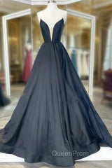 Black Strapless Satin Long Evening Prom Dresses, Black A-Line Evening Dresses
