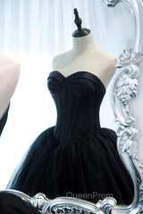 Black Strapless Tulle Long A-Line Evening Prom Dresses, Black Evening Gown