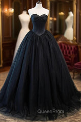 Black Strapless Tulle Long A-Line Evening Prom Dresses, Black Evening Gown