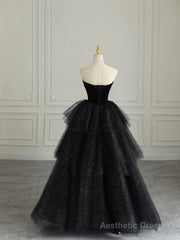 Black Strapless Layered Velvet Tulle Long Prom Dress Evening Dress