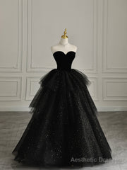 Black Strapless Layered Velvet Tulle Long Prom Dress Evening Dress