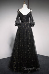 Black Straps Tulle Long Party Dresses With Sleeves Evening Dresses, Black A-Line Evening Prom Dresses Party Dresses