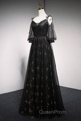 Black Straps Tulle Long Party Dresses With Sleeves Evening Dresses, Black A-Line Evening Prom Dresses Party Dresses