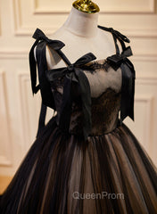 Black Straps Tulle with Lace Long Evening Dresses, Black A-line Evening Prom Dresses
