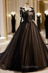 Black Straps Tulle with Lace Long Evening Dresses, Black A-line Evening Prom Dresses