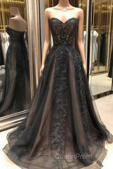 Black sweetheart neck tulle lace long Evening Prom Dresses, black evening Dresses