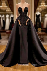 Black Sweetheart Overskirt Long Evening Gowns With Appliques