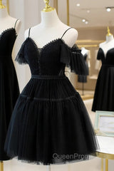 Black Sweetheart Straps Tulle Homecoming Dresses, Black Off Shoulder Evening Prom Dresses