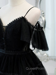 Black Sweetheart Straps Tulle Homecoming Dresses, Black Off Shoulder Evening Prom Dresses