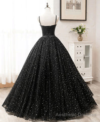 Black Sweetheart Straps Tulle Long Evening Gown Sleeveless Floor-Length Prom Dresses prom dresses shops