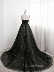 Black Sweetheart Tulle Straps Long Evening Dresses, Black Evening Party Dresses