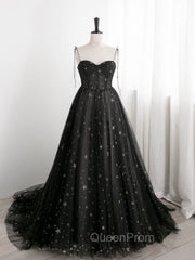 Black Sweetheart Tulle Straps Long Evening Dresses, Black Evening Party Dresses
