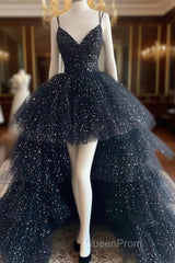 Black Tulle A-Line Layers Long Party Dresses, Black Tulle Evening Prom Dresses