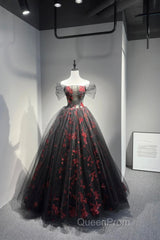 Black Tulle And Red Sequins Floor Length Evening Prom Dresses, Off The Shoulder Evening Party Dresses