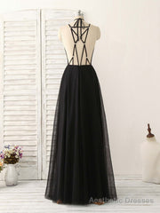 Black Tulle Backless Long Prom Dress, Black Evening Dress