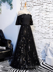 Black Tulle Beaded Long Party Dresses, A-Line Black Formal Dresses Evening Prom Dresses