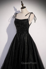 Black Tulle Beaded Long Evening Prom Dresses, A-Line Spaghetti Straps Evening Dresses