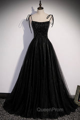 Black Tulle Beaded Long Evening Prom Dresses, A-Line Spaghetti Straps Evening Dresses